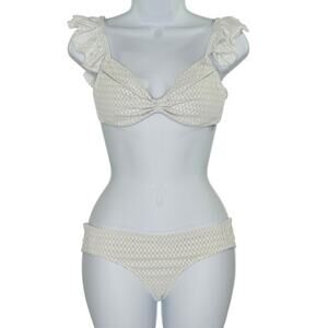 Jonathan Simkhai crochet Lace Ruffle Bikini Set M Off White Beach Resort *flaw